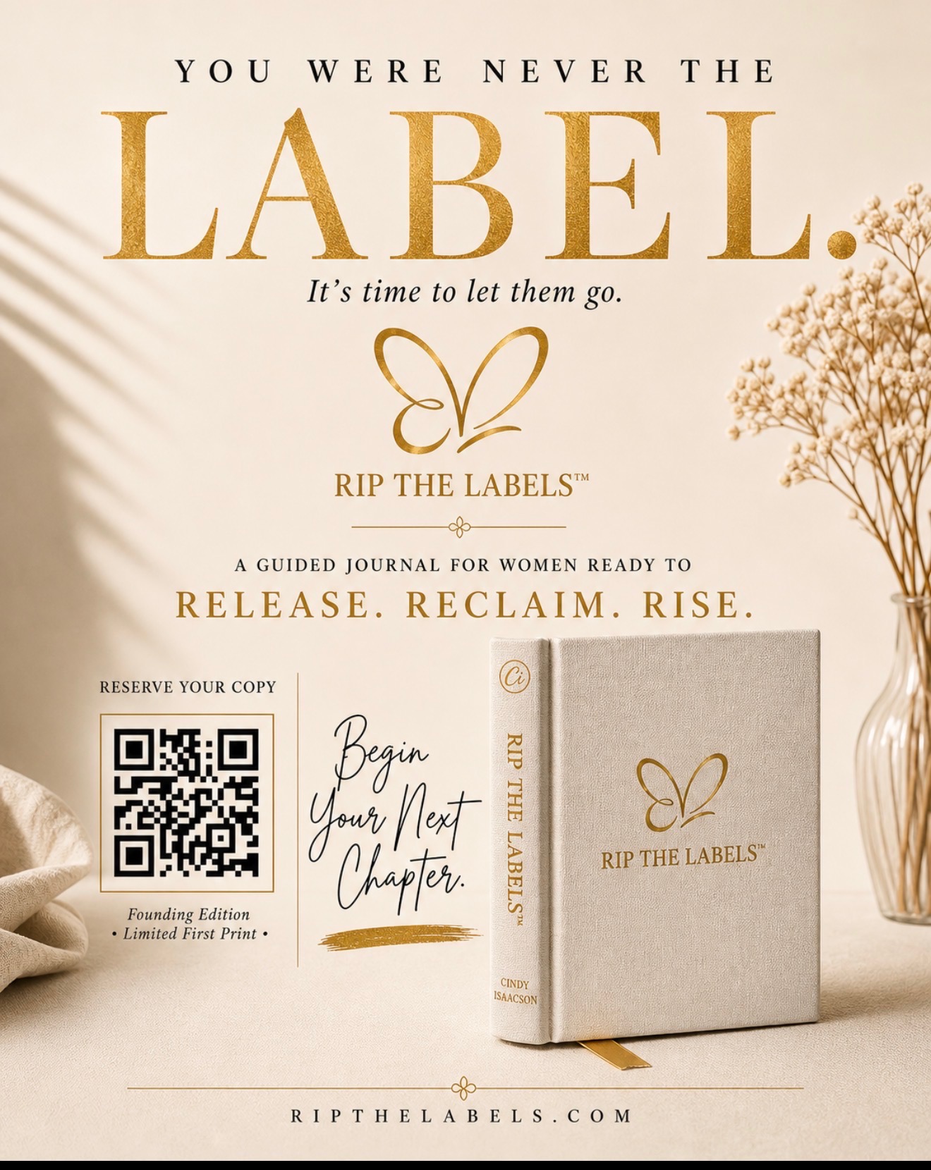 Rip the Labels cream linen journal with gold foil butterfly emblem